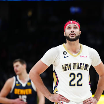 Jan 31, 2023; Denver, Colorado, USA; New Orleans Pelicans forward Larry Nance Jr. (22) reacts following the loss against the Denver Nuggets at Ball Arena. Mandatory Credit: Ron Chenoy-Imagn Images