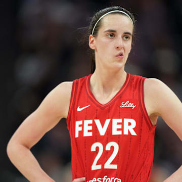 Jun 19, 2025; San Francisco, California, USA; Indiana Fever guard Caitlin Clark (22) reacts during the fourth quarter against the Golden State Valkyries at Chase Center. Mandatory Credit: Darren Yamashita-Imagn Images
