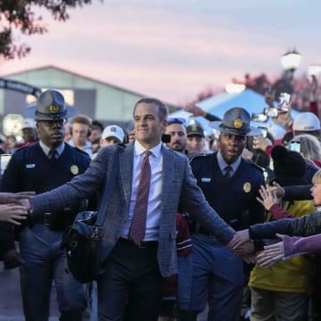 Nov 25, 2023; Columbia, South Carolina, USA; South Carolina Gamecocks head coach Shane Beamer leads the Gamecock Walk prior to their game against the Clemson Tigers at Williams-Brice Stadium. Mandatory Credit: David Yeazell-USA TODAY Sports