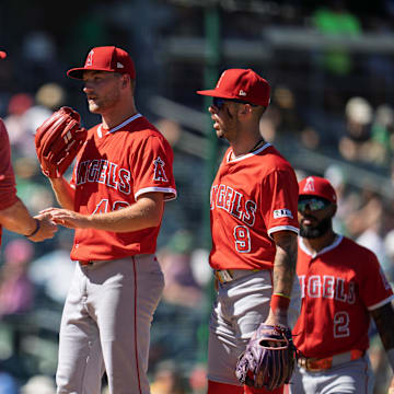 Aug 17, 2025; West Sacramento, California, USA; Los Angeles Angels pitcher Reid Detmers (48) is relieved by  interim manager Ray Montgomery (81) during the eighth inning at Sutter Health Park. Mandatory Credit: Neville E. Guard-Imagn Images