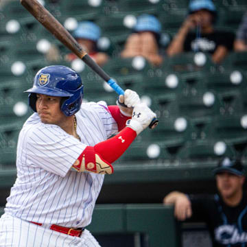 Iowa Cubs catcher Moises Ballesteros steps up to bat against Cleveland on Thursday, Aug. 15, 2024, at Principal Park.