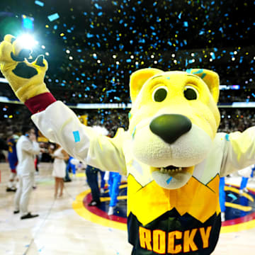 May 3, 2025; Denver, Colorado, USA; Denver Nuggets mascot Rocky celebrates the win over the LA Clippers following game seven of first round for the 2025 NBA Playoffs at Ball Arena. Mandatory Credit: Ron Chenoy-Imagn Images