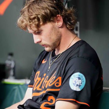 Sep 7, 2024; Baltimore, Maryland, USA; Baltimore Orioles shortstop Gunnar Henderson studies video in between innings.