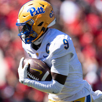 Pittsburgh Panthers wide receiver Konata Mumpfield (9) scores a touchdown in the fourth quarter of the College Football game at Nippert Stadium in Cincinnati on Saturday, Sept. 7, 2024.