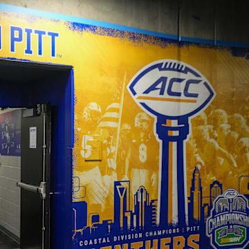 Dec 4, 2021; Charlotte, NC, USA; Pittsburgh Panthers locker room area during the ACC championship game between the Wake Forest Demon Deacons and the Pittsburgh Panthers at Bank of America Stadium. Mandatory Credit: Jim Dedmon-Imagn Images
