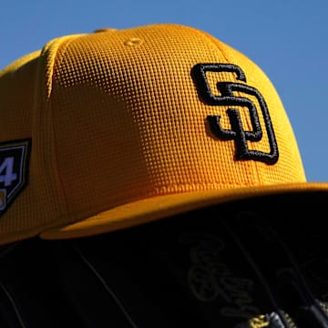 Feb 13, 2024; Peoria, AZ, USA; The details of a San Diego Padres cap during a Spring Training workout at Peoria Sports Complex. Mandatory Credit: Joe Camporeale-Imagn Images