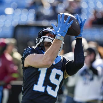 Carolina Panthers wide receiver Adam Thielen (19) makes a catch during pregame warm ups against the Tampa Bay Buccaneers at Bank of America Stadium in Charlotte, N.C., on Jan. 7, 2024. 