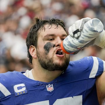 Sep 17, 2023; Houston, Texas, USA; Indianapolis Colts guard Quenton Nelson (56) drinks water on the sideline during a game against the Houston Texans at NRG Stadium. Mandatory Credit: Jenna Watson-Imagn Images