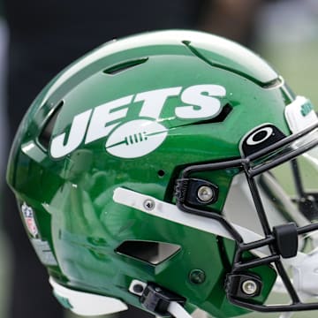 Aug 12, 2023; Charlotte, North Carolina, USA; New York Jets helmet during the second quarter against the Carolina Panthers at Bank of America Stadium. Mandatory Credit: Jim Dedmon-Imagn Images