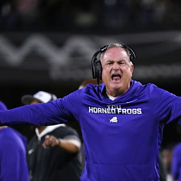 TCU head coach Sonny Dykes yells to an official during a game against Arizona State at Mountain America Stadium in Tempe on Sept. 26, 2025.