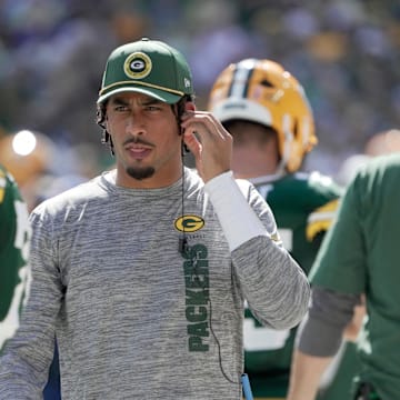 Injured Green Bay Packers quarterback Jordan Love is shown during the first quarter of their game against the Indianapolis Colts on Sunday.