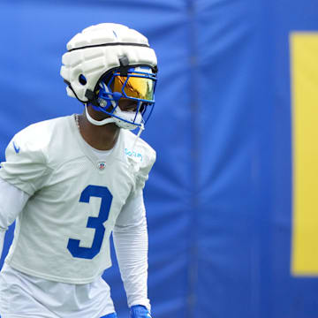 Jun 3, 2025; Woodland Hills, CA, USA; Los Angeles Rams safety Kam Curl (3) during organized team activities at Rams Practice Facility. Mandatory Credit: Kirby Lee-Imagn Images