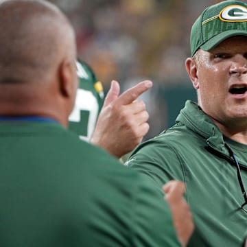 Green Bay Packers general manager Brian Gutekunst is shown during the second quarter of their preseason game against the New England Patriots
