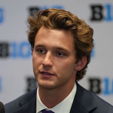 Jul 23, 2025; Las Vegas, NV, USA; Northwestern quarterback Preston Stone speaks to the media during the Big Ten NCAA college football media days at Mandalay Bay Resort. Mandatory Credit: Lucas Peltier-Imagn Images
