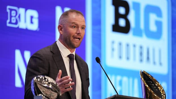 Northwestern head coach David Braun speaks to the media during the Big Ten NCAA college football media days
