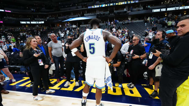 May 19, 2024; Denver, Colorado, USA; Minnesota Timberwolves guard Anthony Edwards (5) is interviewed following the game against the Denver Nuggets in game seven of the second round for the 2024 NBA playoffs at Ball Arena. Mandatory Credit: Ron Chenoy-USA TODAY Sports
