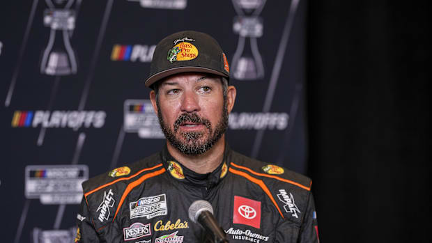 Martin Truex speaks to media members during the NASCAR Playoffs Media Day at the Charlotte Convention Center.