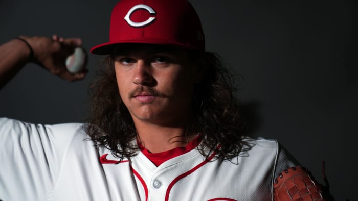 Feb 22, 2024; Goodyear, AZ, USA; Cincinnati Reds pitcher Rhett Lowder during media day at Goodyear