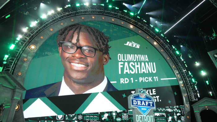 Apr 25, 2024; Detroit, MI, USA; Penn State Nittany Lions tackle Olumuyiwa Fashanu is selected as the