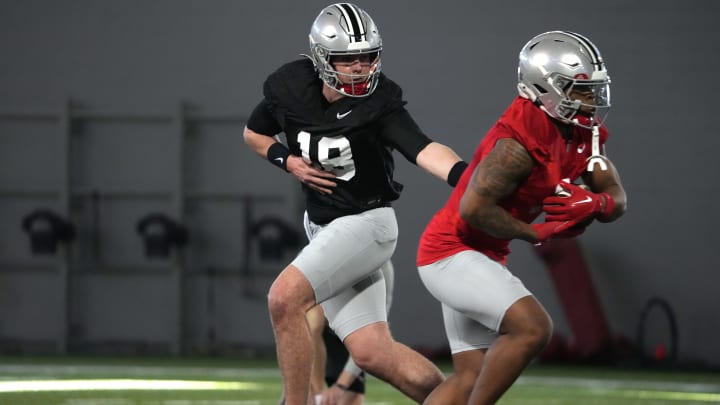 Will Howard #18 of the Ohio State Buckeyes during Spring Practice at Woody Hayes Athletic Center on March 05, 2024 in Columbus, Ohio.