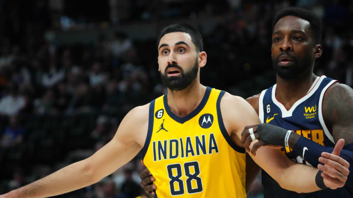 Jan 20, 2023; Denver, Colorado, USA; Indiana Pacers center Goga Bitadze (88) waits for the ball during the second half against the Denver Nuggets at Ball Arena. Mandatory Credit: Ron Chenoy-USA TODAY Sports