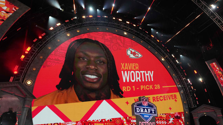 Apr 25, 2024; Detroit, MI, USA; Texas Longhorns wide receiver Xavier Worthy is selected as the No. 28 pick of the first round by the Kansas City Chiefs during the 2024 NFL Draft at Campus Martius Park and Hart Plaza. Mandatory Credit: Kirby Lee-USA TODAY Sports