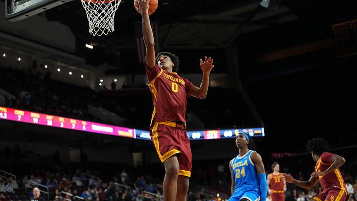 Mar 7, 2026; Los Angeles, California, USA; Southern California Trojans guard Alijah Arenas (0) shoots the ball against the UCLA Bruins in the second half at the Galen Center. Mandatory Credit: Kirby Lee-Imagn Images