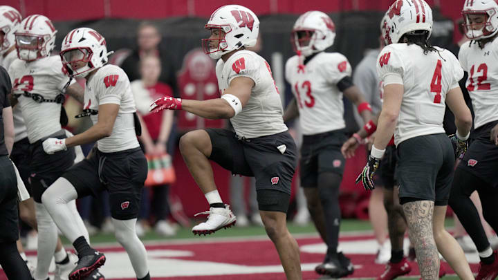 Wisconsin football players are shown during spring football practice Thursday, April 3, 2025 in Madison, Wisconsin. Mark Hoffman/Milwaukee Journal Sentinel