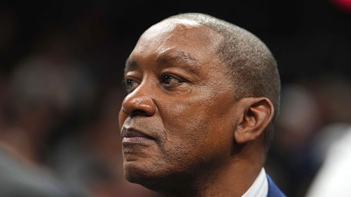 Apr 3, 2024; Phoenix, Arizona, USA; Basketball Hall of Fame player Isiah Thomas looks on during the second half of the game between the Phoenix Suns and the Cleveland Cavaliers at Footprint Center. Mandatory Credit: Joe Camporeale-Imagn Images