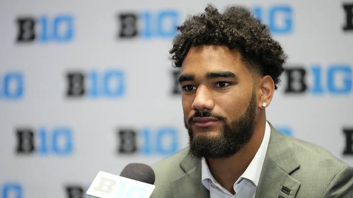 Jul 22, 2025; Las Vegas, NV, USA; Indiana wide receiver Elijah Sarratt speaks to the media during the Big Ten NCAA college football media days at Mandalay Bay Resort. Mandatory Credit: Lucas Peltier-Imagn Images