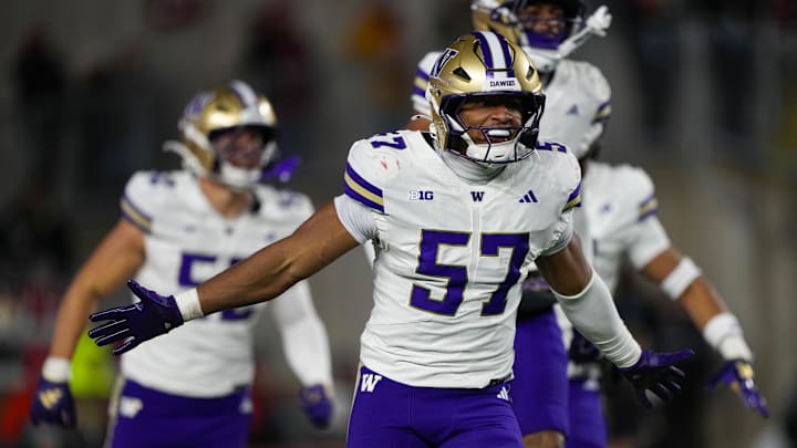 Nov 8, 2025; Madison, Wisconsin, USA;  Washington Huskies linebacker Anthony Ward (57) celebrates after blocking a punt during the second quarter against the Wisconsin Badgers at Camp Randall Stadium. Mandatory Credit: Jeff Hanisch-Imagn Images