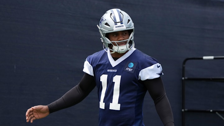 Jul 22, 2025; Oxnard, CA, USA; Dallas Cowboys defensive end Micah Parsons (11) during training camp at the River Ridge Fields. Mandatory Credit: Kirby Lee-Imagn Images