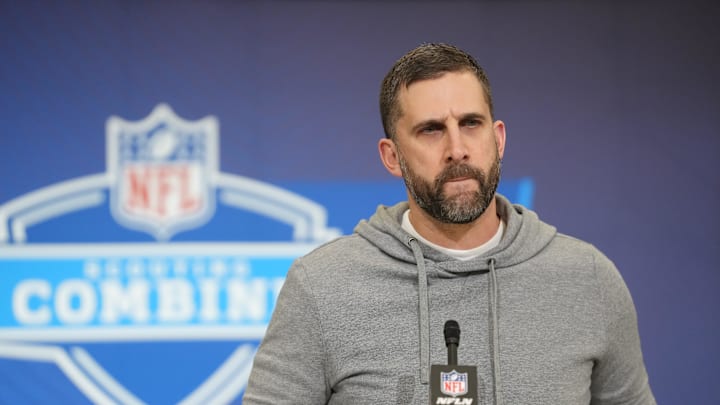 Feb 24, 2026; Indianapolis, IN, USA; Philadelphia Eagles coach Nick Sirianni speaks at the NFL Scouting Combine at the Indiana Convention Center. Mandatory Credit: Kirby Lee-Imagn Images