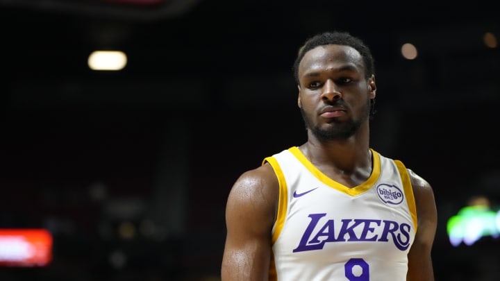 Jul 15, 2024; Las Vegas, NV, USA; Los Angeles Lakers guard Bronny James (9) competes against the Boston Celtics during the second half at Thomas & Mack Center. Mandatory Credit: Lucas Peltier-USA TODAY Sports