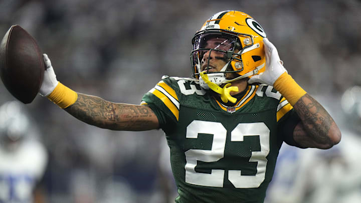 Green Bay Packers cornerback Jaire Alexander (23) reacts after intercepting a pass during the first