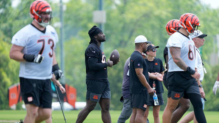 June 3, 2025; Cincinnati, OH; Bengals defensive end Shemar Stewart walks the sideline during practice