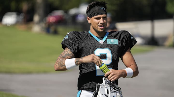 Jul 31, 2023; Spartanburg, SC, USA; Carolina Panthers quarterback Matt Corral (2) walks to the practice fields during training camp at Wofford College. Mandatory Credit: Jim Dedmon-USA TODAY Sports