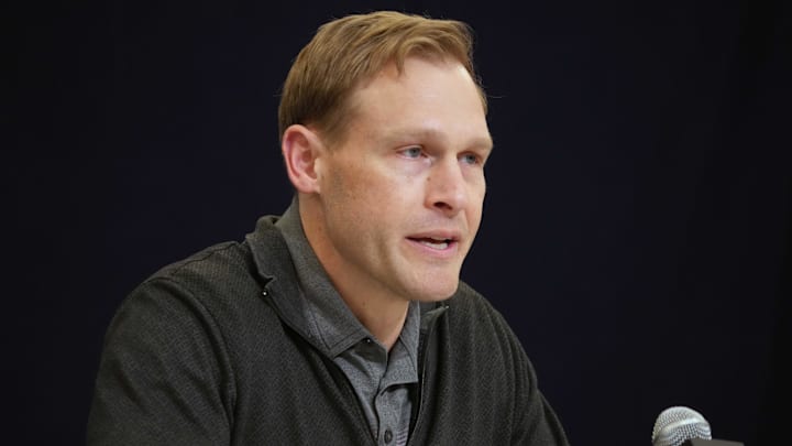 Feb 25, 2025; Indianapolis, IN, USA; Chicago Bears coach Ben Johnson speaks during the NFL Scouting Combine at the Indiana Convention Center. Mandatory Credit: Kirby Lee-Imagn Images
