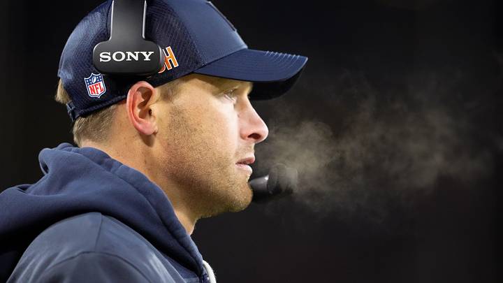 Dec 7, 2025; Green Bay, Wisconsin, USA; Chicago Bears head coach Ben Johnson looks on during the second quarter against the Green Bay Packers at Lambeau Field.