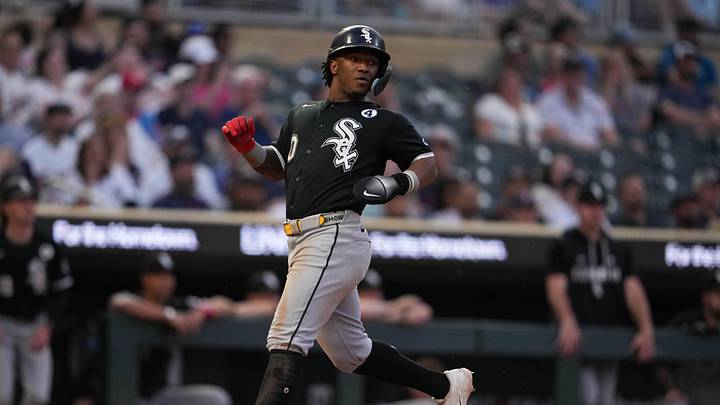 Jun 2, 2026; Minneapolis, Minnesota, USA; Chicago White Sox shortstop Luisangel Acuña (0) scores during the seventh inning against the Minnesota Twins at Target Field. Mandatory Credit: Jordan Johnson-Imagn Images