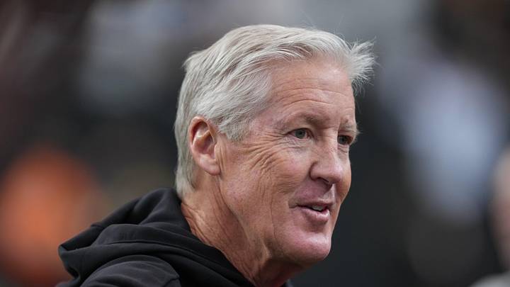 Dec 28, 2025; Paradise, Nevada, USA; Las Vegas Raiders head coach Pete Carroll looks on during warm ups prior to the game against the New York Giants at Allegiant Stadium. Mandatory Credit: Kirby Lee-Imagn Images