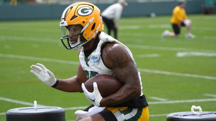 Green Bay Packers running back AJ Dillon (28) is shown during the team’s mini camp Tuesday, June 11, 2024 in Green Bay, Wisconsin.
