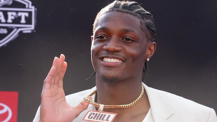 Apr 23, 2026; Pittsburgh, PA, USA; Ohio State Buckeyes receiver Carnell Tate poses on the red carpet before the 2026 NFL Draft at Point State Park. Mandatory Credit: Kirby Lee-Imagn Images
