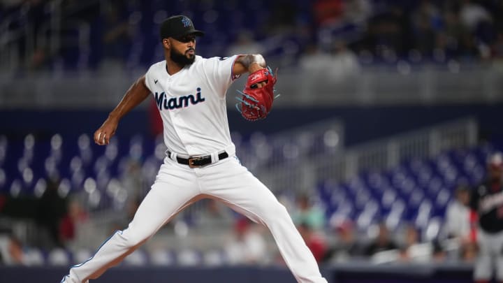 Jun 8, 2022; Miami, Florida, USA; Miami Marlins starting pitcher Sandy Alcantara (22) delivers a