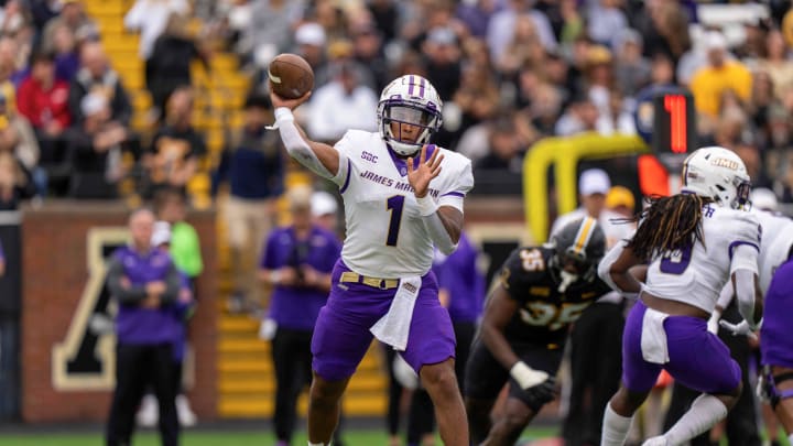 Sep 24, 2022; Boone, North Carolina, USA; James Madison Dukes quarterback Todd Centeio (1)  passes