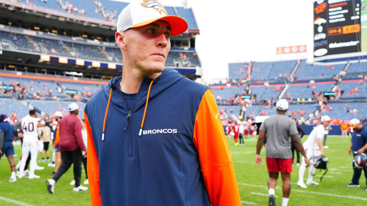 Aug 25, 2024; Denver, Colorado, USA; Denver Broncos quarterback Bo Nix (10) following the preseason win over the Arizona Cardinals at Empower Field at Mile High. Mandatory Credit: Ron Chenoy-USA TODAY Sports