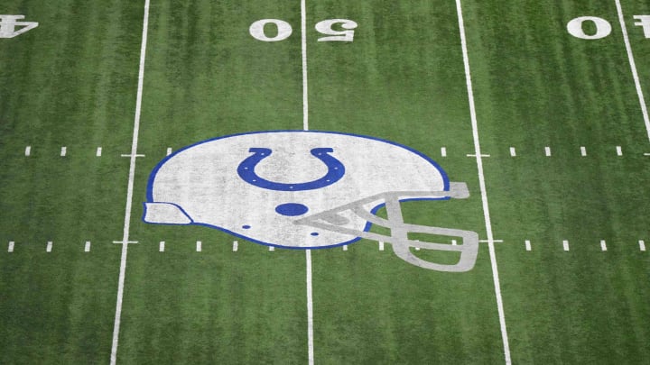 Mar 3, 2023; Indianapolis, IN, USA; The Indianapolis Colts helmet logo at midfield at Lucas Oil
