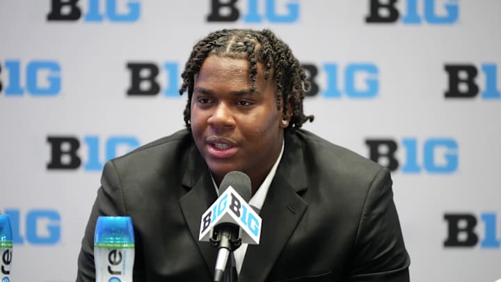 Jul 22, 2025; Las Vegas, NV, USA; Illinois offensive lineman J.C. Davis speaks to the media during the Big Ten NCAA college football media days at Mandalay Bay Resort. Mandatory Credit: Lucas Peltier-Imagn Images