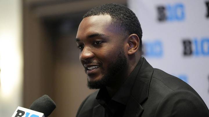 Jul 24, 2025; Las Vegas, NV, USA; Michigan defensive end Derrick Moore speaks to the media during the Big Ten NCAA college football media days at Mandalay Bay Resort. Mandatory Credit: Lucas Peltier-Imagn Images