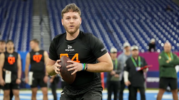 Mar 1, 2025; Indianapolis, IN, USA; Texas quarterback Quinn Ewers (QB04) during the 2025 NFL Combine at Lucas Oil Stadium. 